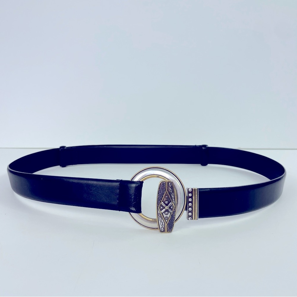 Chico’s Black Leather Two-Tone Decorative Buckle Belt
